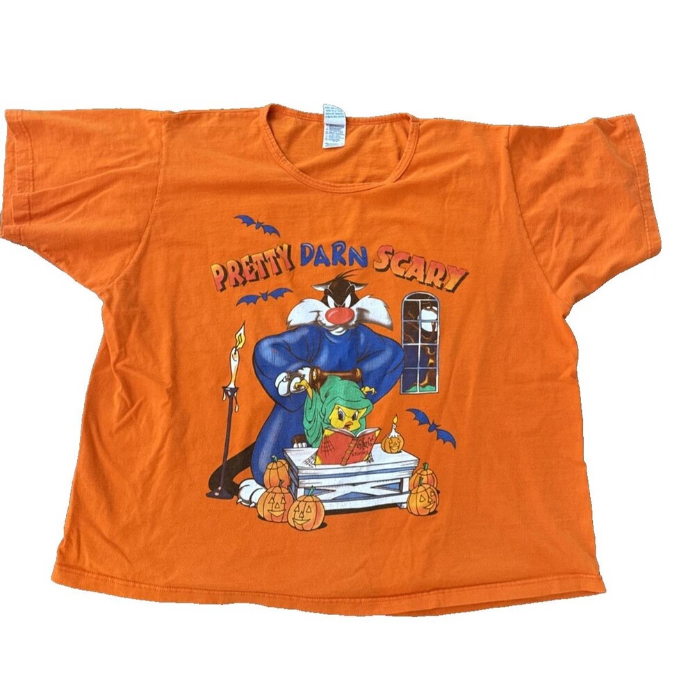 Vintage 1999 Looney Tunes Halloween Pretty Darn Scary Orange T-Shirt 26w/28W